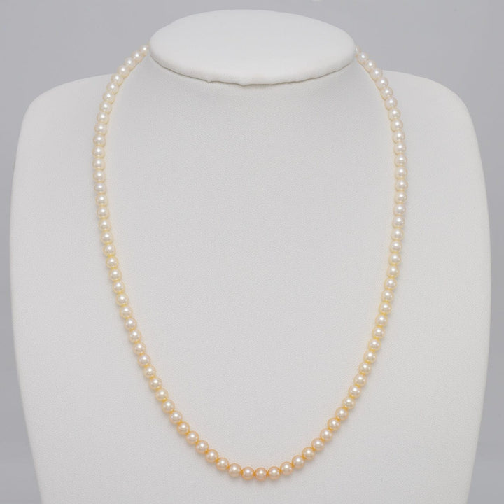 TF-22: 4-4.5 mm Natural-color Round Akoya Ombré Pearl Strand displayed on a white bust, showcasing a graceful gradient of natural-color akoya pearls in a classic strand necklace.