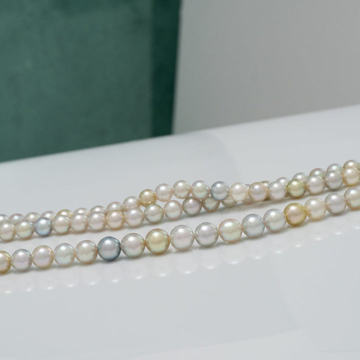 Close-up view of TF-26: 4-5 mm Natural Multicolor Akoya Pearl Round Strands featuring lustrous round pearls in white, cream, gray, and subtle pastel hues arranged in elegant strands on a white surface.