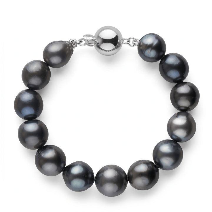 11.2-13.5 mm AA Tahitian Drop Pearl Bracelet with lustrous dark pearls in varying shades of black and gray, featuring a polished white gold clasp.