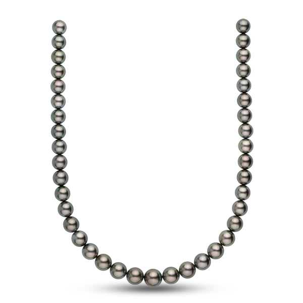 10.0-12.5 mm AA+ Tahitian Round Pearl Necklace featuring a strand of lustrous, dark-hued cultured pearls with subtle iridescent overtones, elegantly displayed on a white background.