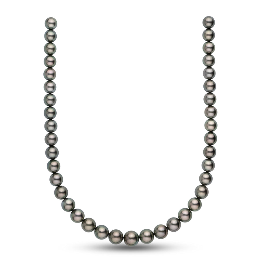 10.0-12.5 mm AA+ Tahitian Round Pearl Necklace featuring a strand of lustrous, dark-hued cultured pearls with subtle iridescent overtones, elegantly displayed on a white background.