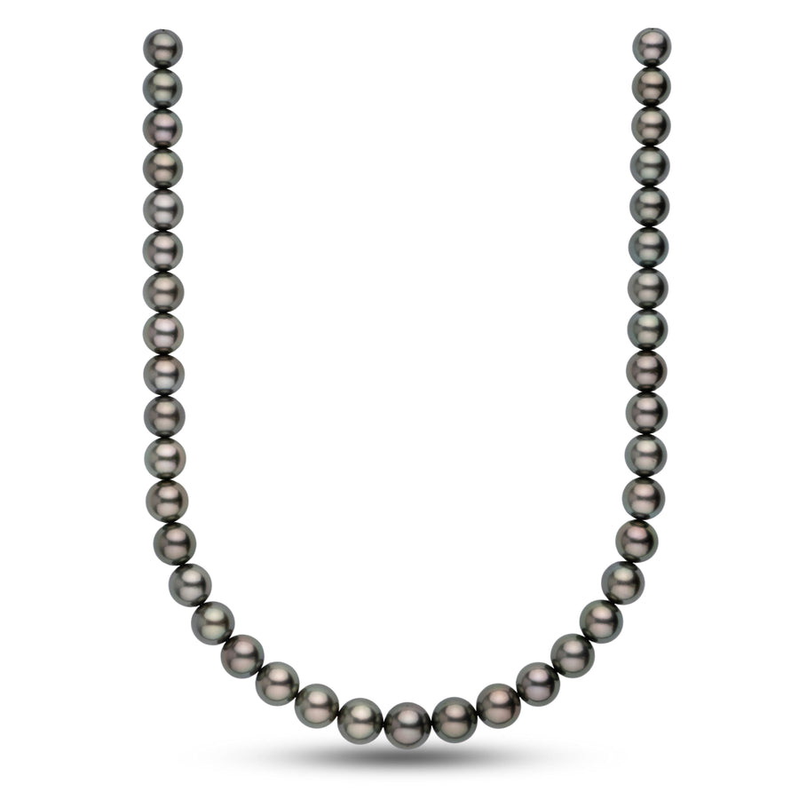 10.1-12.1 mm AAA Tahitian Round Pearl Necklace featuring lustrous, dark cultured pearls with subtle overtones in a classic strand design.