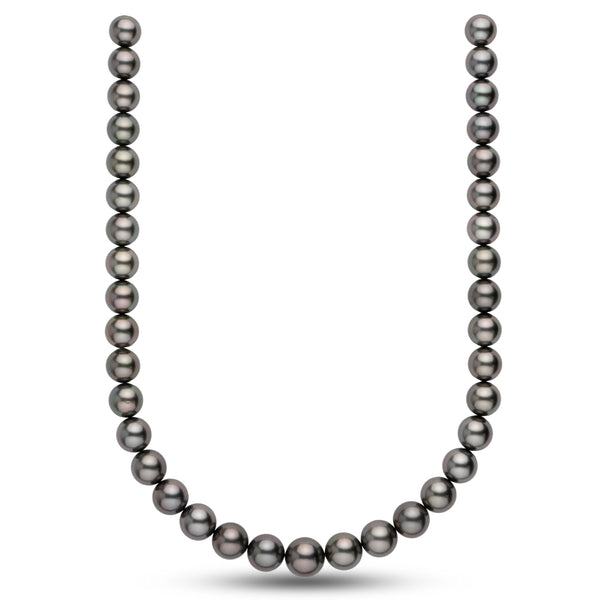 11.0-13.5 mm AA+/AAA Tahitian Round Pearl Necklace with lustrous black and dark gray cultured pearls in a classic strand design.