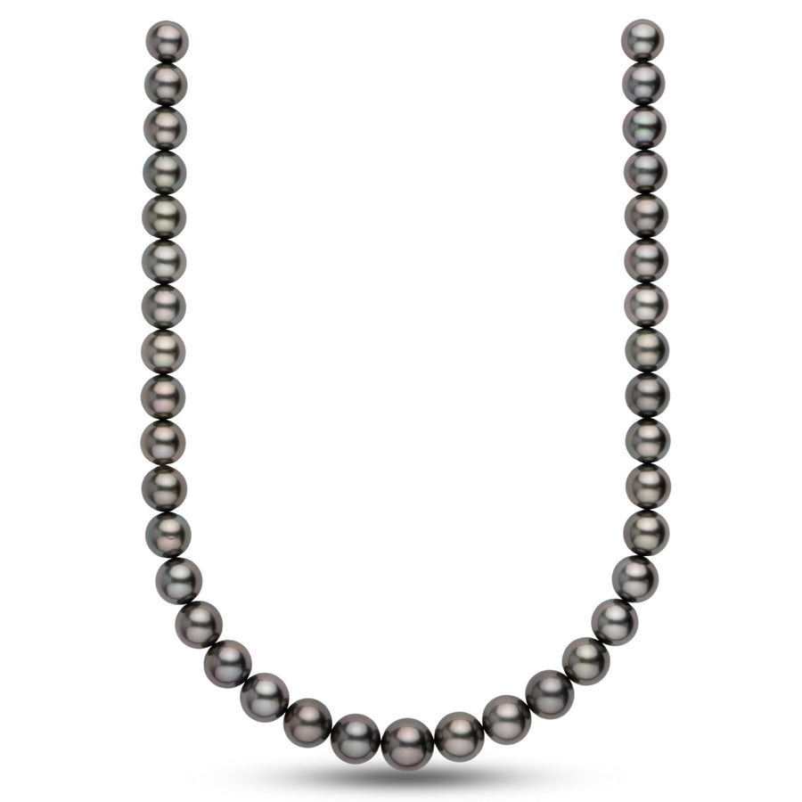 11.0-13.5 mm AA+/AAA Tahitian Round Pearl Necklace with lustrous black and dark gray cultured pearls in a classic strand design.