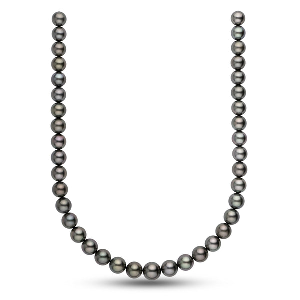 10.0-12.4 mm AA+/AAA Tahitian Round Pearl Necklace featuring lustrous black and dark gray cultured pearls in a classic strand design.