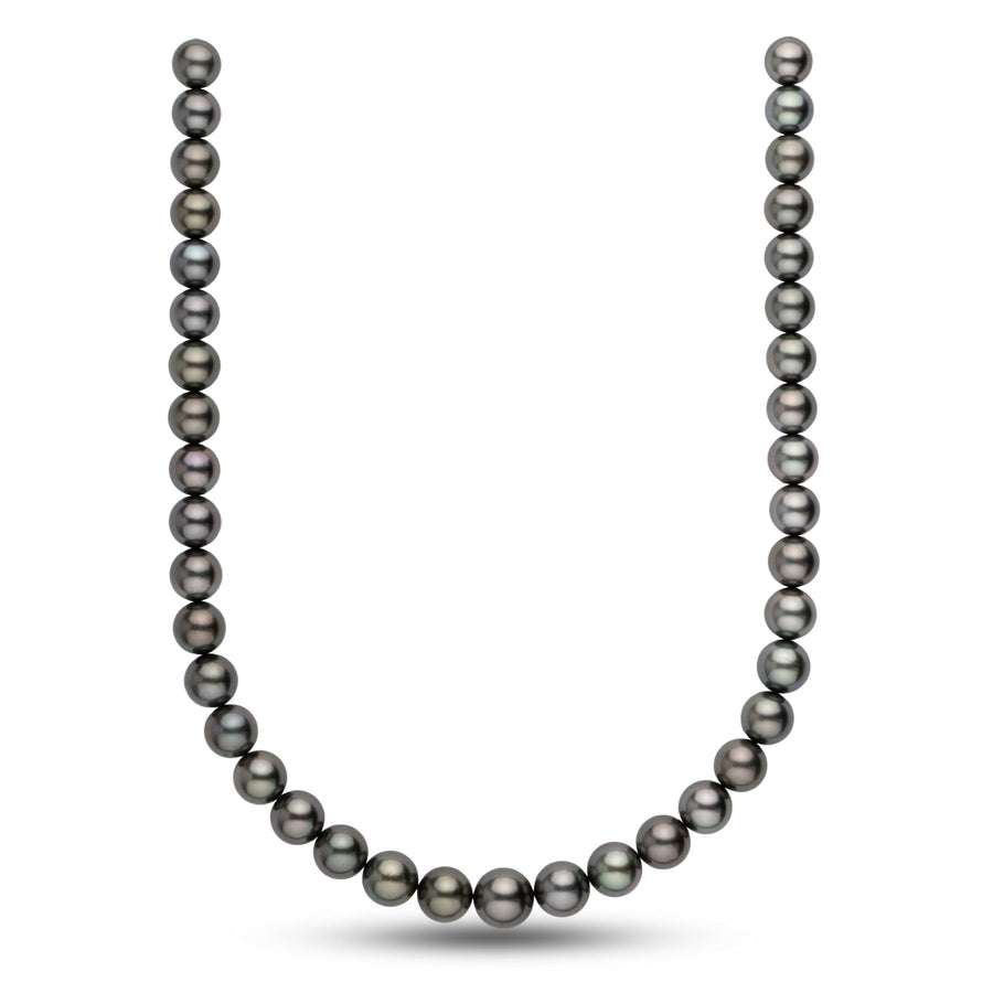 10.0-12.4 mm AA+/AAA Tahitian Round Pearl Necklace featuring lustrous black and dark gray cultured pearls in a classic strand design.
