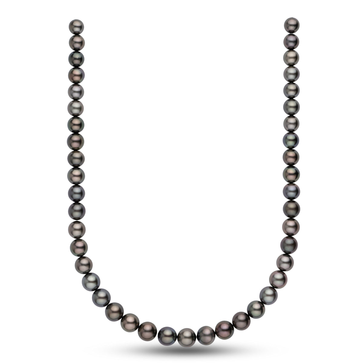 Elegant 8.6-10.8 mm AA+/AAA Tahitian Round Pearl Necklace featuring a lustrous strand of natural dark Tahitian pearls with subtle color variations and a smooth, round shape.