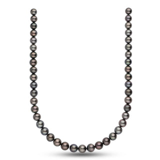 Elegant 8.6-10.8 mm AA+/AAA Tahitian Round Pearl Necklace featuring a lustrous strand of natural dark Tahitian pearls with subtle color variations and a smooth, round shape.