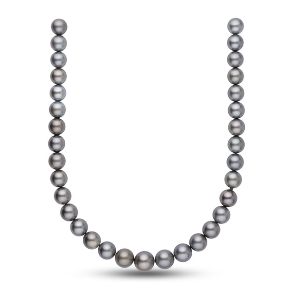 12.0-14.8 mm AA+/AAA Tahitian Round Pearl Necklace featuring lustrous black and gray cultured pearls with subtle overtones of purple and silver, elegant and timeless strand design.