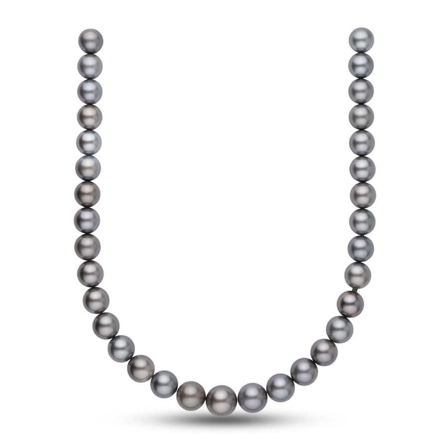 12.0-14.8 mm AA+/AAA Tahitian Round Pearl Necklace featuring lustrous black and gray cultured pearls with subtle overtones of purple and silver, elegant and timeless strand design.
