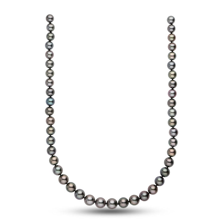 8.1-10.9 mm AA+/AAA Tahitian Round Pearl Necklace featuring lustrous black and gray pearls with subtle iridescent overtones in a classic round shape.