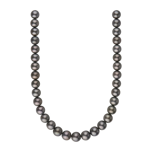 12.0-13.8 mm AA+/AAA Tahitian Round Pearl Necklace featuring lustrous black and dark gray cultured pearls with natural overtones, elegantly strung in a classic design.