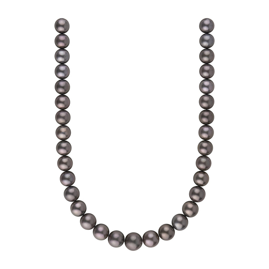 12.0-14.6 mm AA+/AAA Tahitian Round Pearl Necklace featuring lustrous black pearls with subtle iridescent hues in a classic strand design.