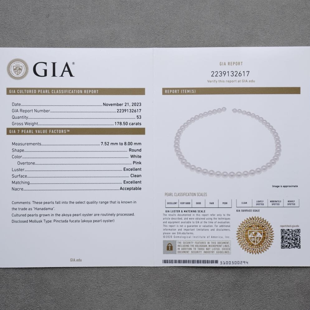 7.52-8.00 mm GIA Certified Hanadama Akoya Pearl Necklace
