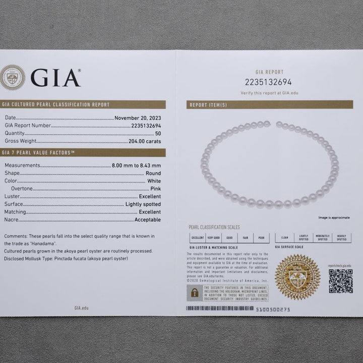 8.0-8.43 mm GIA Certified Hanadama Akoya Pearl Necklace