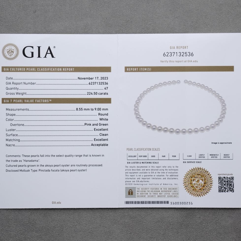 8.55-9.00 mm GIA Certified Hanadama Akoya Pearl Necklace