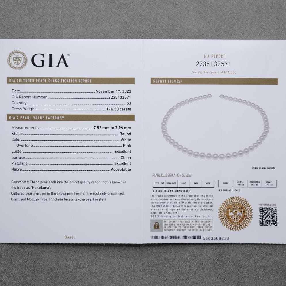 7.52-7.96 mm GIA Certified Hanadama Akoya Pearl Necklace