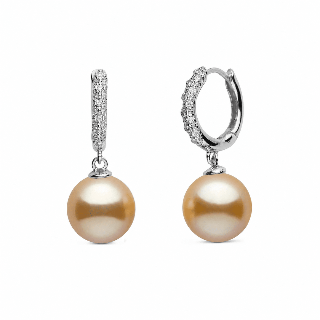 10.0-11.0 mm Golden South Sea Pearl & Pave Diamond Large Hoop Earrings white gold