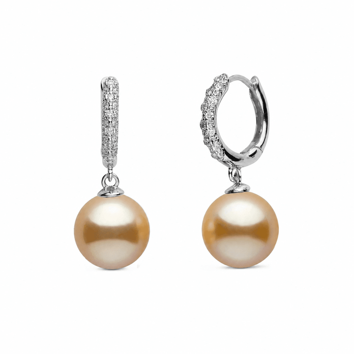 10.0-11.0 mm Golden South Sea Pearl & Pave Diamond Large Hoop Earrings white gold