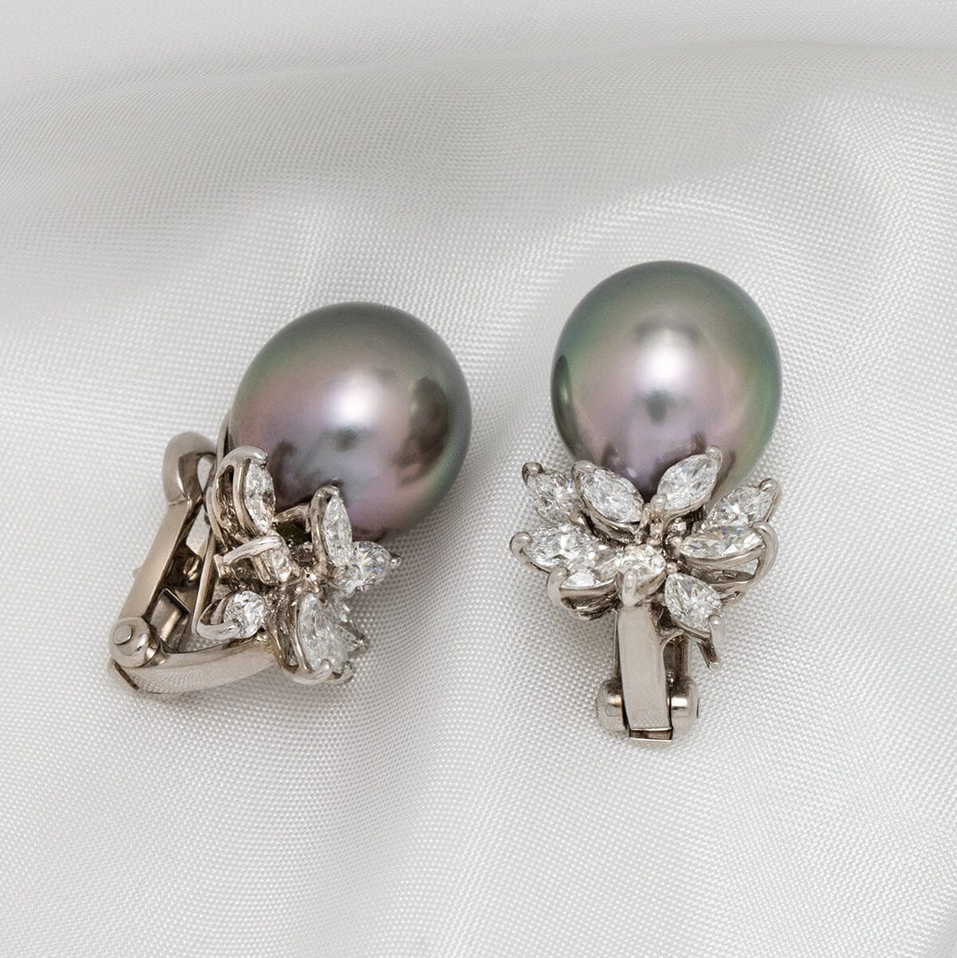 Assael Collection: 12.7–15.1 mm Tahitian Pearl and Diamond Earrings featuring lustrous dark Tahitian pearls accented with sparkling marquise and round-cut diamonds in an elegant setting.