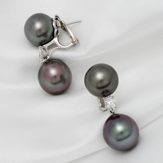 Assael Collection: 12.0–13.0 mm and 13.0–13.0 mm Tahitian Pearl and Diamond Earrings featuring lustrous dark Tahitian pearls and sparkling diamonds set in elegant metal clasps.