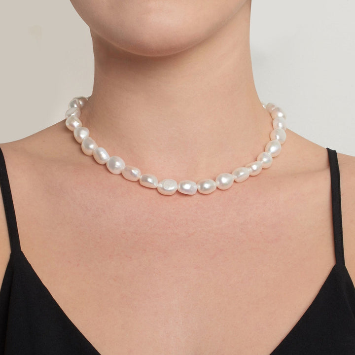 10.0-11.0 mm White Freshwater Baroque Pearl Necklace on model