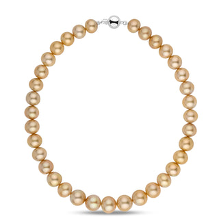 12.0–14.7 mm AA+/AAA Golden South Sea Round Pearl Necklace featuring lustrous, golden-hued south sea pearls strung with a polished 14K white gold clasp, perfect for elegant occasions.