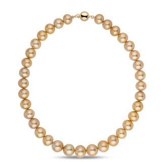 12.0–14.7 mm AA+/AAA Golden South Sea Round Pearl Necklace featuring lustrous golden pearls with a polished gold clasp, showcasing elegant and timeless South Sea pearls.