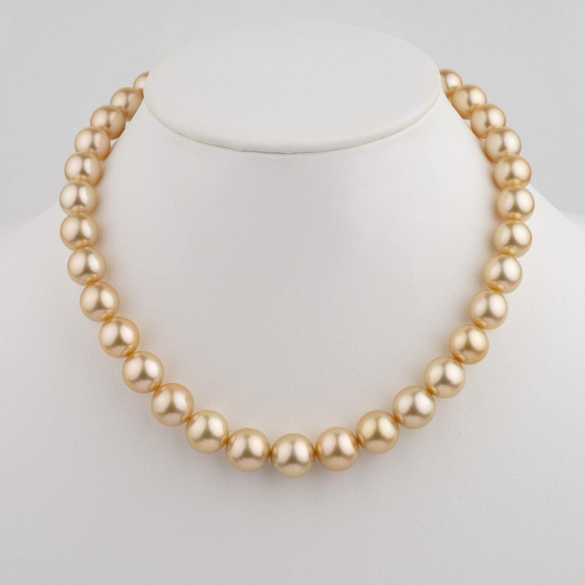 10.0–13.2 mm AA+/AAA Golden South Sea Round Pearl Necklace displayed on a white bust showcasing lustrous golden pearls with smooth, round shapes.