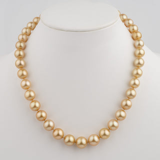 8.4–11.6 mm AA+/AAA Round Golden South Sea Pearl Necklace displayed on a white bust stand, featuring lustrous, round golden pearls with a smooth surface.