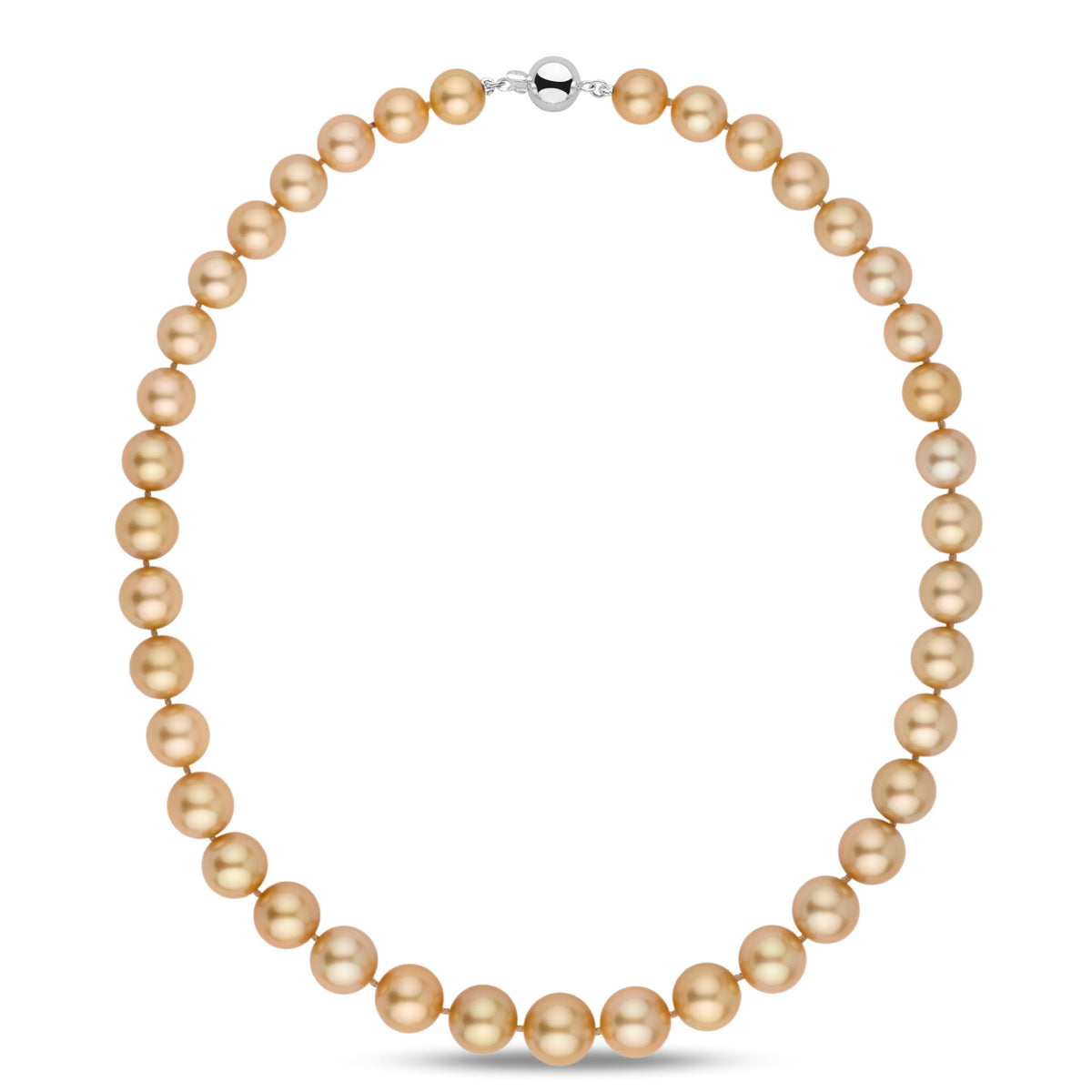 8.4–11.6 mm AA+/AAA Round Golden South Sea Pearl Necklace with lustrous golden pearls and a 14K white gold clasp, showcasing cultured South Sea pearls in a classic strand design.