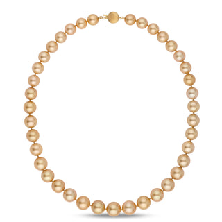 8.4–11.6 mm AA+/AAA Round Golden South Sea Pearl Necklace featuring lustrous, perfectly round golden pearls with a secure gold clasp, showcasing classic elegance.