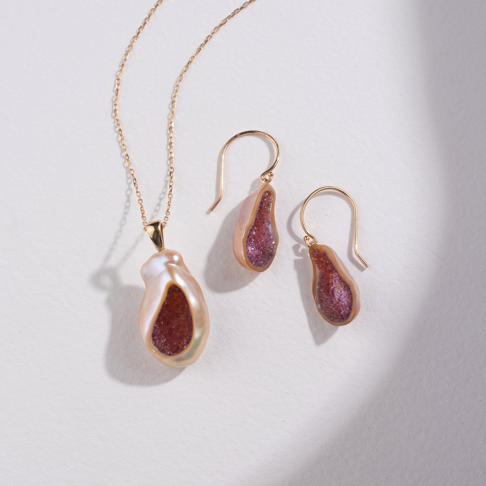Freshwater Souffle Pearl Geode Earrings & Finestrino Pendant Set with Amethyst - little h jewelry