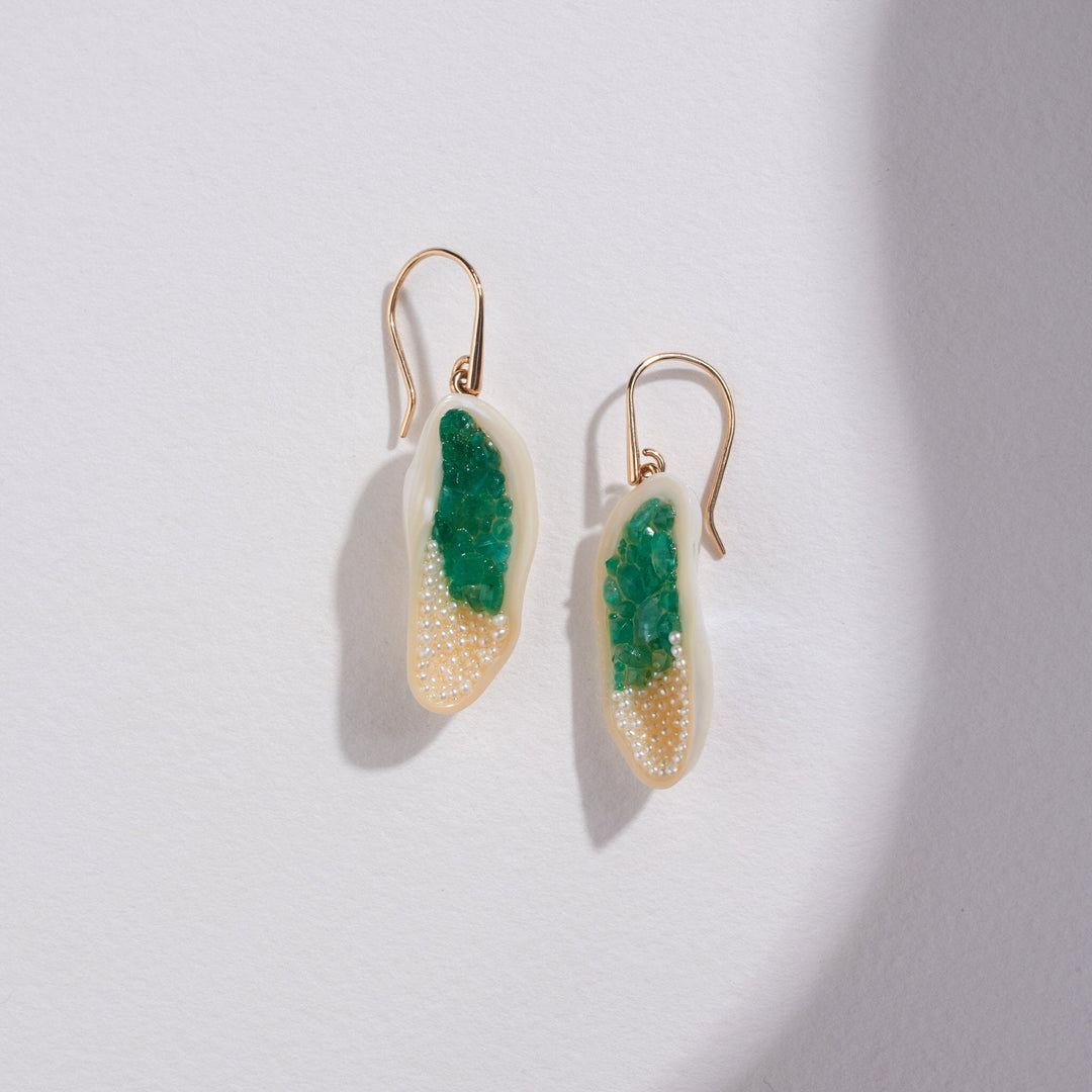 Freshwater Souffle Pearl Geode Dangle Earrings with Emerald and Seed Pearls - little h jewelry