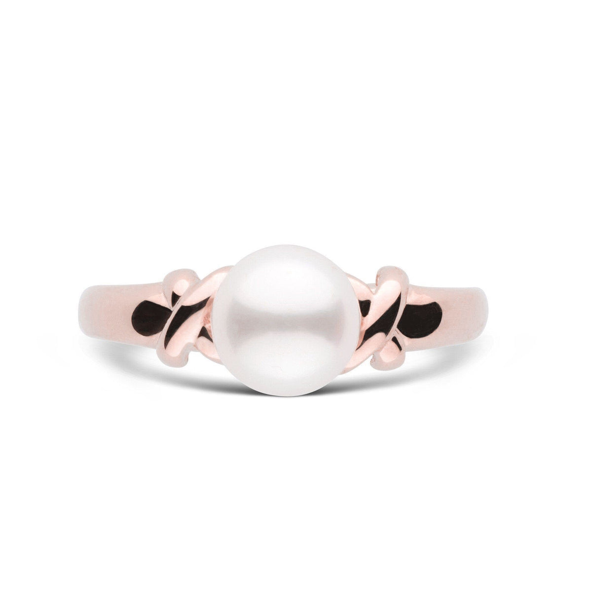 Love Collection 7.0-7.5 mm Akoya Pearl Ring featuring a lustrous white Akoya pearl set on a delicate rose gold band with elegant swirl details.