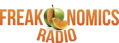 Logo for Freakonomics Radio featuring the word "FREAKONOMICS" in bold orange letters with a green apple half and an orange slice combined in the middle, and the word "RADIO" curved below in orange letters.