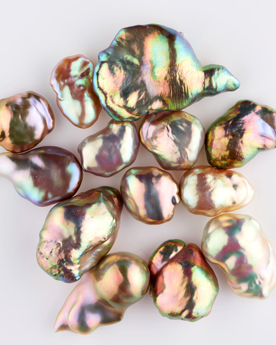 A grouping of rare, exotic colored freshwater souffle pearls