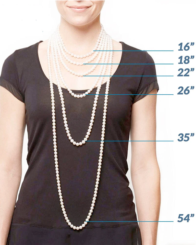 Pearl necklace lengths shown on a model at 16, 18, 22, 26, 35 and 54 inches