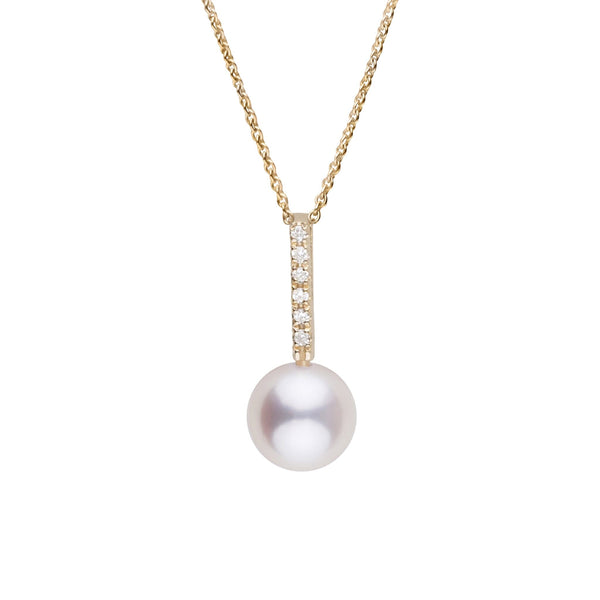 Petite Diamond Bar Collection 7.5-8.0 mm White Freshadama Pearl and Diamond Adjustable Chain Pendant featuring a delicate gold chain with a vertical diamond bar and a round white freshwater pearl drop.