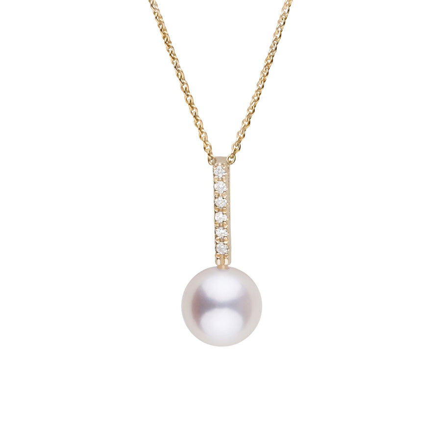 Petite Diamond Bar Collection 7.5-8.0 mm White Freshadama Pearl and Diamond Adjustable Chain Pendant featuring a delicate gold chain with a vertical diamond bar and a round white freshwater pearl drop.