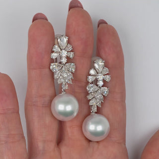 14.0-15.0 mm White South Sea Pearl and Diamond Earrings