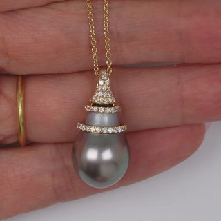 13.0-14.0 mm Tahitian Drop Pearl and Diamond Ringed Pendant