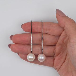 11.0-12.0 mm White Freshwater Pearl and Diamond Drop Earrings