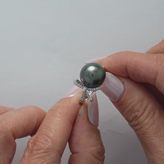 11.0-12.0 mm Tahitian Pearl and Pavé Diamond Ring