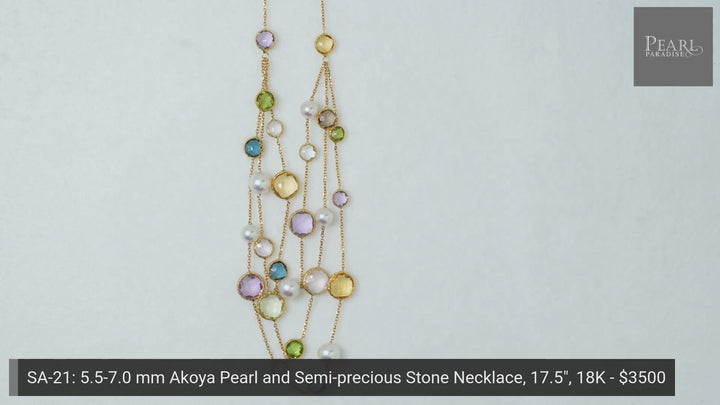 SA-21: 5.5-7.0 mm Akoya Pearl and Semi-precious Stone Necklace, 17.5", 18K