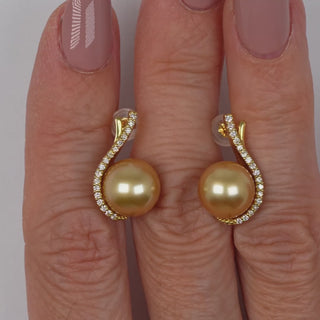 9.0-10.0 mm Golden South Sea Pearl and Diamond Earrings
