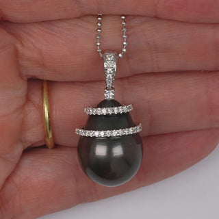 14.0-15.0 mm Tahitian Drop Pearl and Diamond Banded Pendant