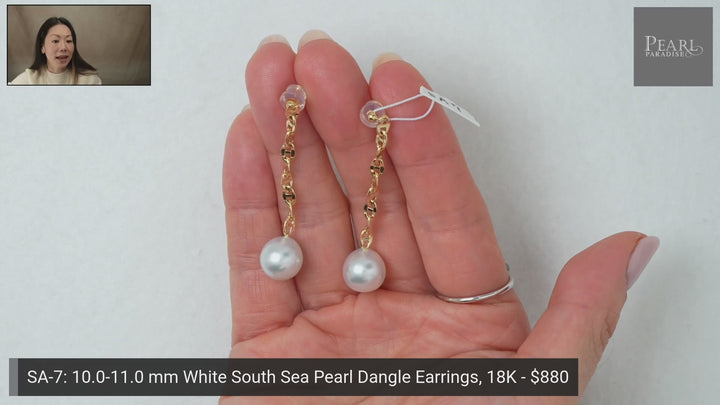 SA-7: 10.0-11.0 mm White South Sea Pearl Dangle Earrings, 18K