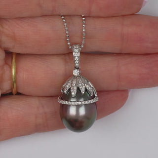 13.0-14.0 mm Tahitian Drop Pearl and Diamond Petal Pendant
