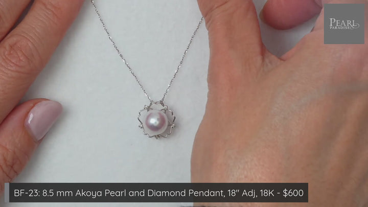 BF-23: 8.5 mm Akoya Pearl and Diamond Pendant, 18" Adj, 18K
